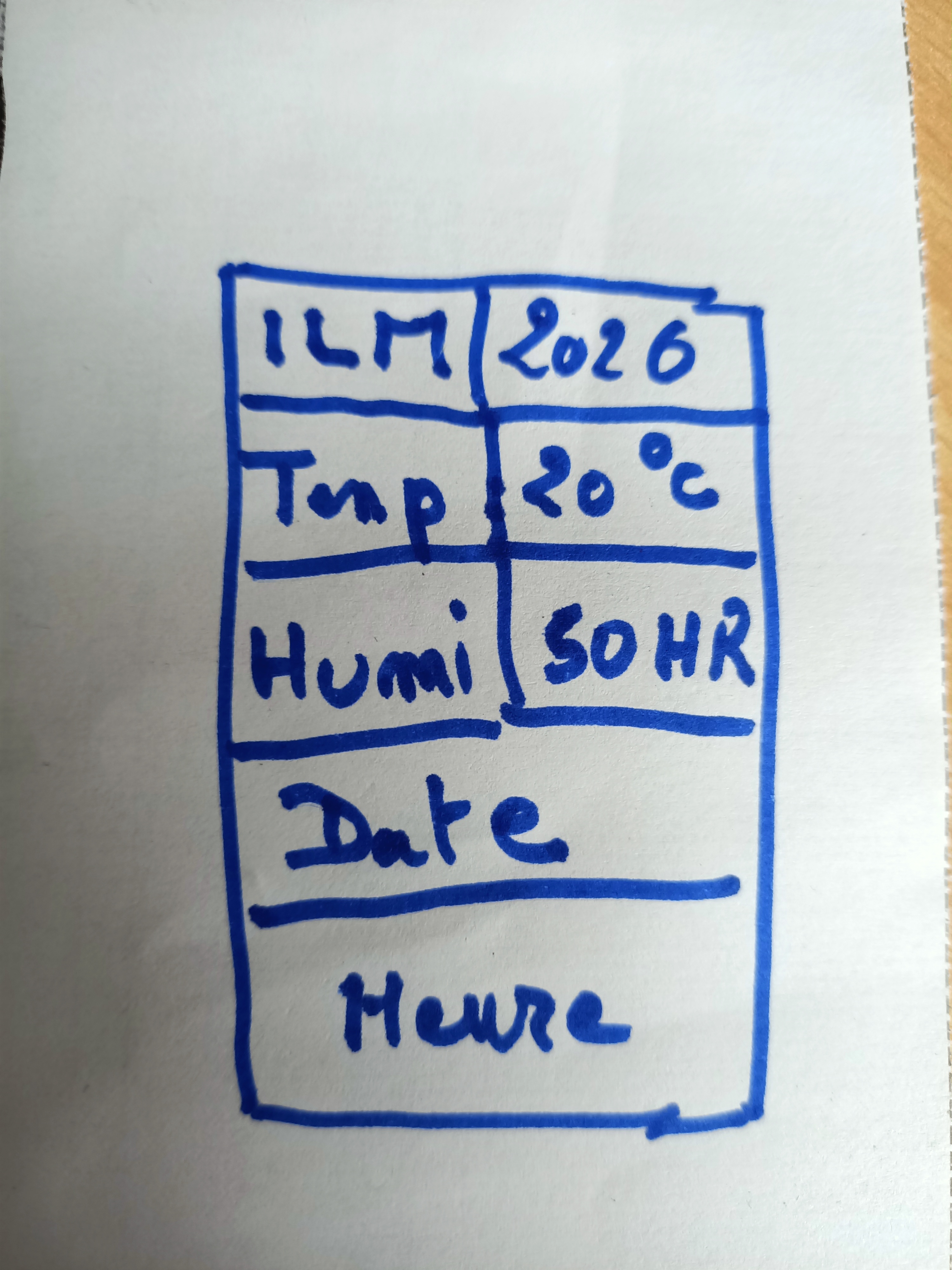 Original hand-drawn dashboard layout with logo, year, temperature, humidity, date and time